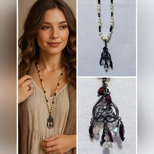 Romantic Handmade Pearl & Bead Necklace with Ornate Black Pendant, Art Show Find